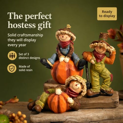 Thanksgiving Fall Scarecrows Table Decor Figurines with Pumpkins Set of 3