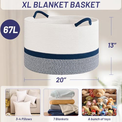 67L Large Blanket Basket, 20"x13" Blanket Basket Living Room, Woven Baskets With Handle, Toy Baskets for Blankets, Nursery, Dog, Pillow, Gift (White & Navy Blue) - color: White & Navy Blue, size: 67L