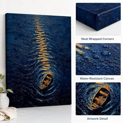 Canvas Wall Art Night Ocean Framed Style Golden Boat Reflection 16x24 Inch - color: A quiet little boat, size: 24"L x 16"W