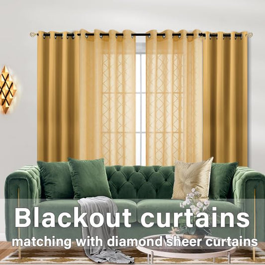 KOUFALL Gold Curtains for Living Room 84 Inches Long,Sheer Geometric Fancy Sheers Mid Century Modern Boho Curtains for Bedroom 2 Panels Set - color: Gold, size: 52"W x 84"L (Pack of 2)