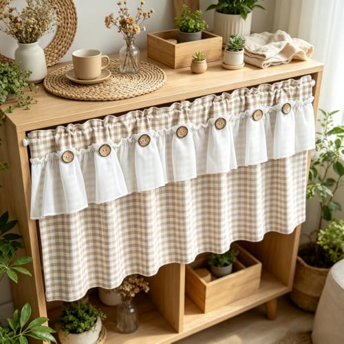 Beige Gingham Checkered Kitchen Short Curtain with Ruffle & Wooden Buttons - size: 55"W x 20"L (Pack of 1)