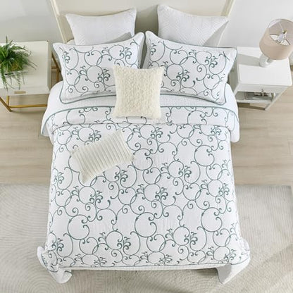 Oversized King Bedspread 120"x120" - 100% Cotton California King Quilt, Embroidered Bedspread Coverlet with Pillow Shams, Lightweight Quilted Bedding Set 3 Piece, Aqua Blue/White - color: White/Aqua Blue(turquoise), size: King/Cal King(120"x120")