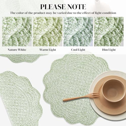 HOMBYS Quilted Placemats Set of 4 Washable Round Placemats for Kitchen Table-100% Cotton Fabric Round Table Mats, (White with Green Flower) - color: White With Green Flower