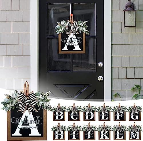 Last Name All Year Round Front Door Wreath with 26 Initial Letter Welcome Sign All Seasons Eucalyptus Garland and Bow ，Farmhouse, Porch, for Spring Summer Fall All Seasons Holiday Halloween Christmas.（A） - color: A