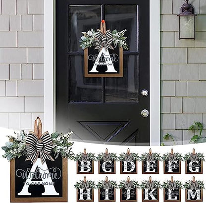 Last Name All Year Round Front Door Wreath with 26 Initial Letter Welcome Sign All Seasons Eucalyptus Garland and Bow ，Farmhouse, Porch, for Spring Summer Fall All Seasons Holiday Halloween Christmas.（A） - color: A