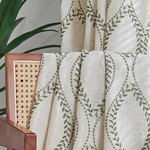 jinchan Boho Linen Curtains 63 Inch Green on Beige Grommet 2 Panels - color: Vine Green, size: 50"W x 63"L (Pack of 2)