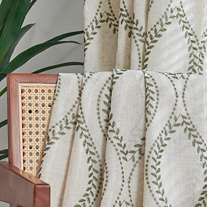 jinchan Boho Linen Curtains 63 Inch Green on Beige Grommet 2 Panels - color: Vine Green, size: 50"W x 84"L (Pack of 2)