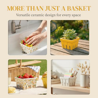 BIEN BEAU Ceramic Berry Basket Set of 4, Floral Fruit Colanders for Kitchen - color: Yellow
