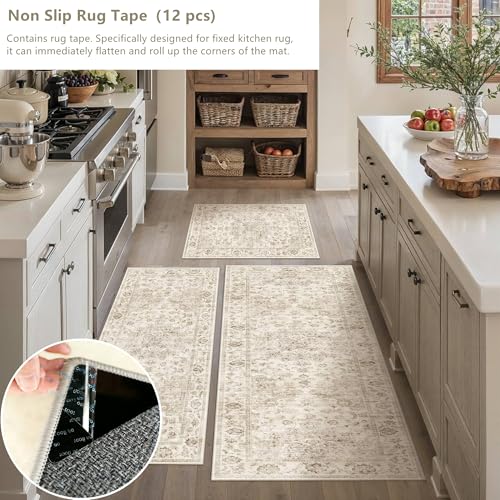 Washable Neutral Beige Kitchen Runner Rug Set of 3 - color: Neutral | Beige, size: 20"x32"+20"x48"+30"x50"