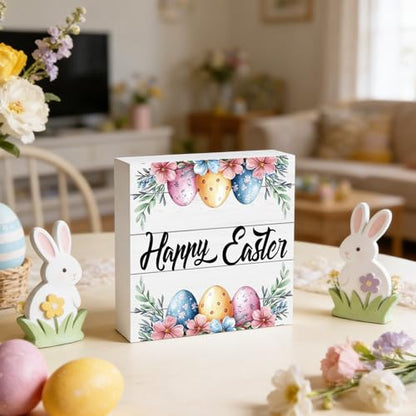 YUNKKIN Easter Table Decorations Easter Decorations Indoor Eggs Flowers Grass Home Room Office Bathroom Wood Box Sign Rustic Wooden Shelf Desk Decor Season Sign House Warming Gifts 5.9 x 5.9 Inch