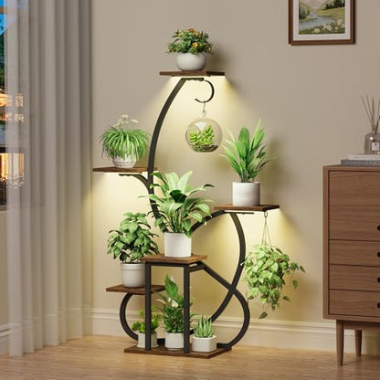 Metal Curved Shaped 6 Tier Corner Plant Stand with Grow Lights, 47"