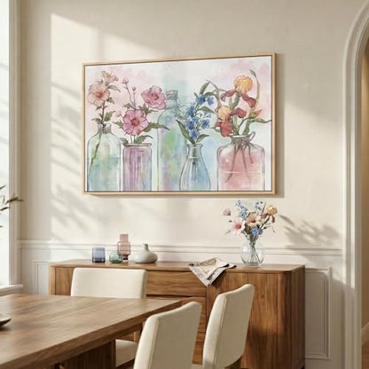 Framed Colorful Modern Floral Wall Art, 24x36 Inch Flower in Vase Pictures - color: Multi & Watercolor