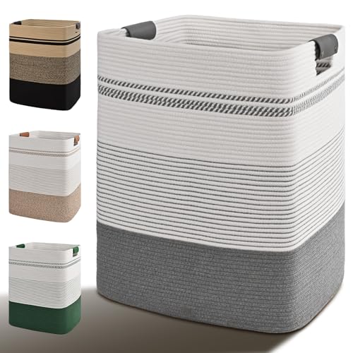 Laundry Hamper, 85L Tall Laundry Basket with Leather Handles, Rectangle Large Clothes Hamper for Organizing, Cotton Woven Laundry Baskets Storage Hampers for Bedroom, Nursery, Living Room - color: Grey, size: 85L