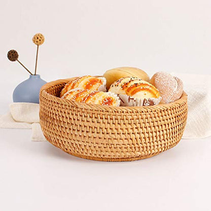 Hadewoven Round Rattan Fruit Basket Wicker Food Tray Weaving Storage Holder Dinning Room Bowl, 10 Inch Woven Bread Basket Key Bowls with 4”Wall for Table, Countertop (Large 9.8") - size: Large 9.8"