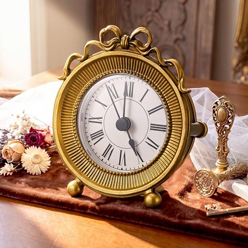 Vintage Gold Table Clocks with Bow Elegant Metal Desktop Clocks for Home Decor Decorative Shelf Clock for Living Room Bedroom Bedside Gift