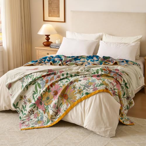 Boho Throw Blanket, 100% Soft Cotton Floral Quilt, Twin 60"x 80" - color: Plain Bird, size: Twin 60"x80"