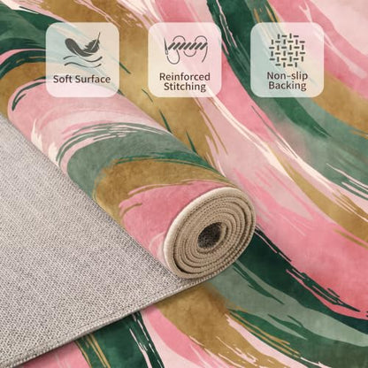 3x5 Pink and Green Area Rug, Modern Abstract Brushstroke Design - color: Pink/Green/Gold, size: 3' x 5' (Rectangular)