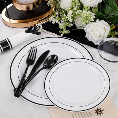 WELLIFE 350Pcs Black Plastic Dinnerware with Pre Rolled Napkins, Include:50 Dinner Plates, 50 Dessert Plates, 50 Paper Napkins, 50 Cups, 150 Plastic Cutlery - color: Black, style: 350PCS（50 Guests）