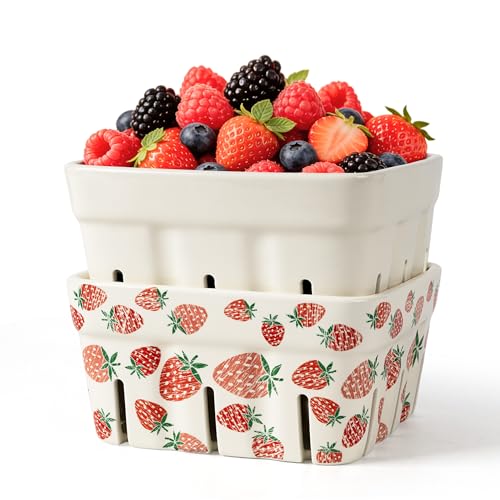 AELS Ceramic Berry Basket, 5.9" Large Size Container for Fruit & Vegetables, Farmhouse Fruit Bowl, Strawberry Decor, Farmers Market, White Pink and Cute Strawberry Pattern, Stoneware Harvest Bowls for - color: Stawberry and Beige