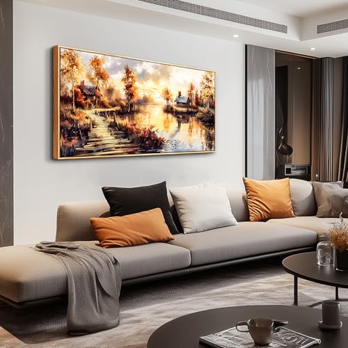 Large Framed Rustic Farmhouse Landscape Wall Art for Living Room, 40x20 In - color: Countryside Painting Wood Framed, size: 40"L x 20"W
