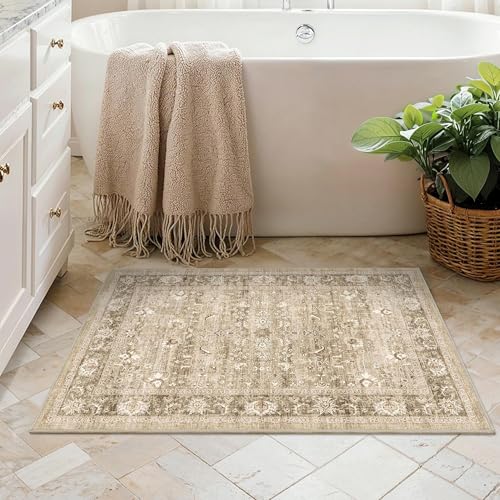 2x3 Washable Entryway Area Rug Non-Slip Distressed Khaki Door Mat - color: Accent | Beige Khaki, size: 2' x 3' (Rectangular)