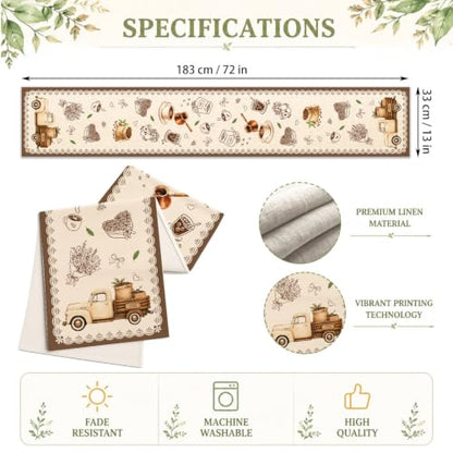 Retro Coffee Cup Table Runner, Farmhouse Rustic Linen Runner 13x72 in - color: Brown