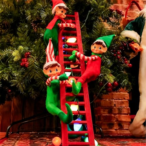 Elf Decorations on Red Ladder with Colorful Lights for Home Decor