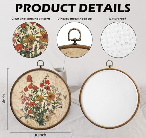 Vintage Floral Wall Decor, Printed Canvas Wall Hanging for Bedroom Kitchen Home Office, Round Wall Decoration, Wall Art Bedroom, Living Room Wall Art, Dorm Decor, Circular Wall Hanging with Hooks,2 - color: Floral01