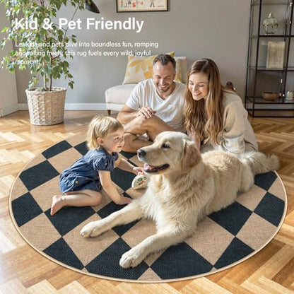 Lahome Checkered Easy Jute Round Rug 3ft, Outdoor Entryway Rug Washable - color: Black/Checkerboard -2, size: 3' Round