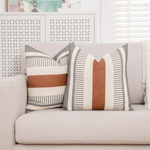 2 Pack 18x18 Inch Pillow Covers - Brown Faux Leather & Gray Stripe Print Soft Cotton Splicing, Same Pattern Both Sides | for Sofa Couch Bed Living Room, Farmhouse Industrial Minimalist Decor - color: Grey and Beige, size: 18" x 18" (Pack of 2)