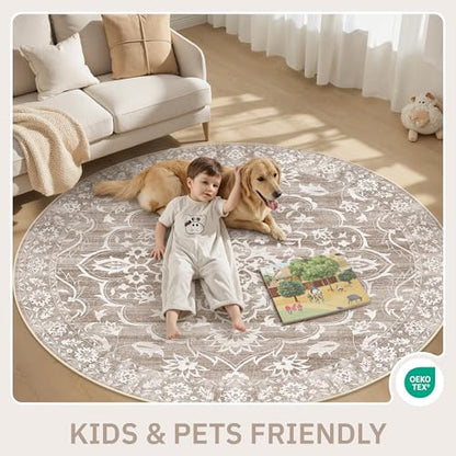 Soalmost Washable Round Rug 9ft for Living Room,Soft Circle Rug Light Brown - color: Light Brown, size: 9' (Round)