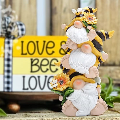 Hodao Stacked Bee Gnome Figurine Resin Sunflower Farmhouse Decor Indoor - style: Stacked Bee Gnome