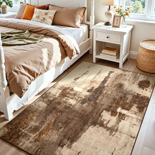Kelarea Washable Area Rug 4x6, Non-Slip Low Pile Abstract Brown - color: Brown, size: 4' x 6' (Rectangular)