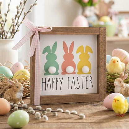 caiydramy Happy Easter Sign, Wooden Easter Bunny Decor with 3D Pom Pom Tail, Spring Wood Decorative Signage Indoor Table Wall Art Shelf Tiered Tray Office Desk Mantel Rustic Farmhouse Home Decorations