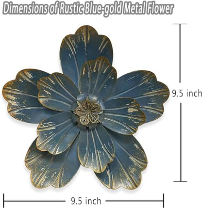 Metal Flower Wall Sculpture, 9.5" Retro Blue Rustic Modern Floral Artwork - color: 02A-Retro blue