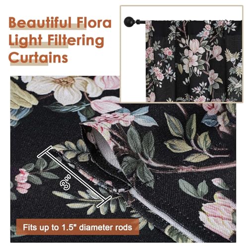 Aiyufeng Floral Kitchen Tiers Curtains 36 Inches Long, Breathable Soft Flower Patterned Rod Pocket Light Filtering for Bedroom Living Room Farmhouse Small Window Treatments, Each 30x36 Inch, Black - color: Black, size: 30"W x 36"L (Pack of 2)