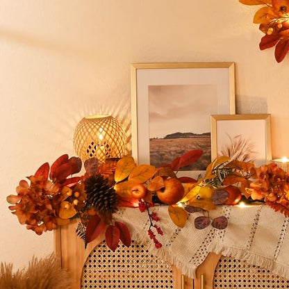 DecorbyHannah 6ft Fall Garland for Mantle with Lights & Leaves Pomegranate