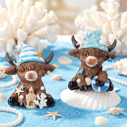 Karenhi 2 Pcs Beach Highland Cow Figurines, Ocean Resin Statues - style: Ocean