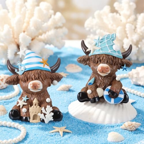 Karenhi 2 Pcs Beach Highland Cow Figurines, Ocean Resin Statues - style: Ocean