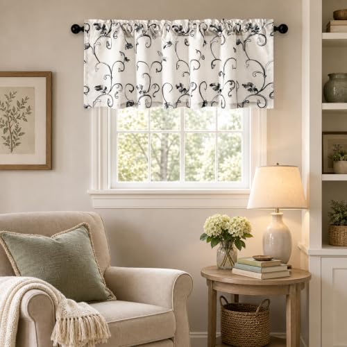 VOGOL Gray Leaf Embroidered Linen Textured Valance, 60 x 18, 1 Panel - color: Grey, size: 60"W x 18"L (Pack of 1)