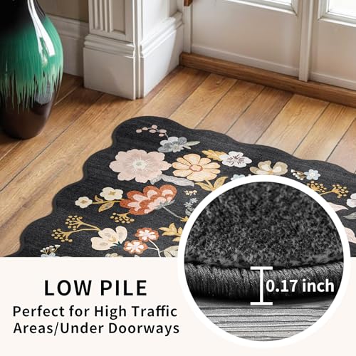 3x6 Washable Kitchen Runner Rug: Floral Scalloped Hallway Runner Rugs Black - color: Black, size: 3' x 6' (Runner)