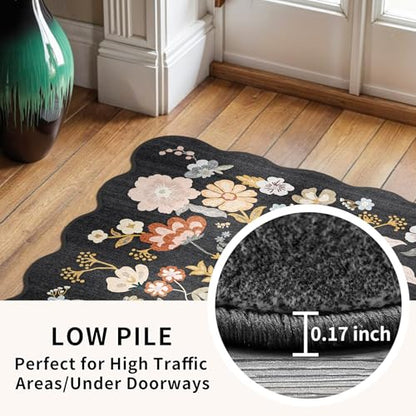 3x6 Washable Kitchen Runner Rug: Floral Scalloped Hallway Runner Rugs Black - color: Black, size: 3' x 6' (Runner)