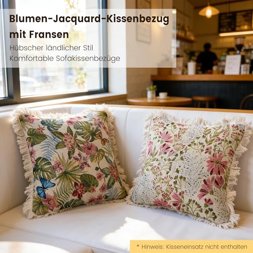 Vintage Floral Throw Pillow Cover with Fringe Trim, Cotton Cross Stitch Fabric, Abstract Oil Painting Style, Suitable for Living Room Sofa Bed, Flower and Plant Style (lily + plant, 18*18 inch) - color: Lily + Plant