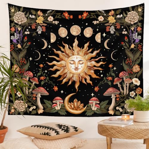 Jhdstore Burning Sun Wall Tapestry for Bedroom Moon Phase Tapestry Wall Hanging Witchy Room Decor Botanical Flowers Tapestries Aesthetic Fabric Posters for Bedroom Living Room Decor 60” x 80” - color: Botanical Sun Moon, size: 80"L x 60"W