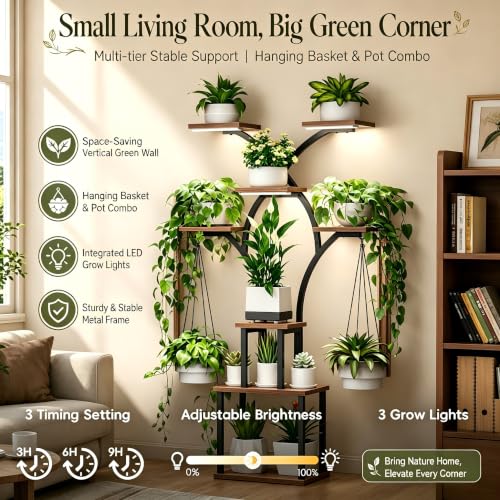 Elbourn Plant Stand Indoor with Grow Light - 8 Tiered 60" Plant Shelf - color: Brown