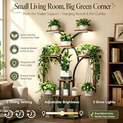 Elbourn Plant Stand Indoor with Grow Light - 8 Tiered 60" Plant Shelf - color: Brown