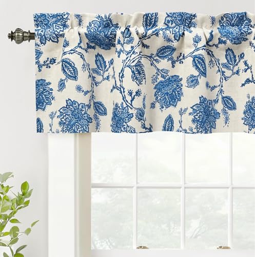 DriftAway Freda Jacobean Floral Linen Blend Blackout Thermal Insulated Energy Saving Privacy Window Linen Curtain Valance Rod Pocket 2 Layers Single 52 Inch by 14 Inch Plus 1.75 Inch Header Blue - color: Blue, size: 52"W x 14"L (Pack of 1)