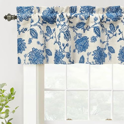 DriftAway Freda Jacobean Floral Linen Blend Blackout Thermal Insulated Energy Saving Privacy Window Linen Curtain Valance Rod Pocket 2 Layers Single 52 Inch by 14 Inch Plus 1.75 Inch Header Blue - color: Blue, size: 52"W x 14"L (Pack of 1)