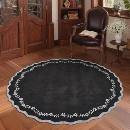 GarveeHome Round Rugs 4ft Scalloped Washable Black Circle Rug for Kids Room - color: Black, size: 4' (Round)