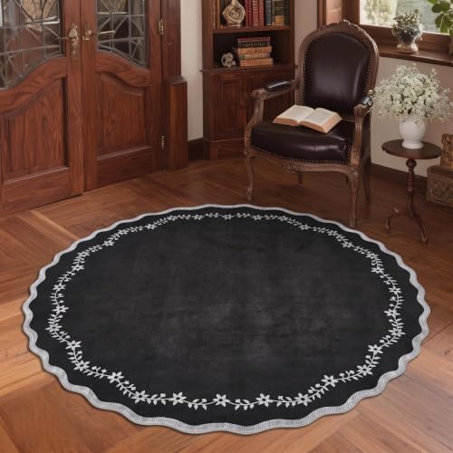 GarveeHome Round Rugs 4ft Scalloped Washable Black Circle Rug for Kids Room - color: Black, size: 4' (Round)